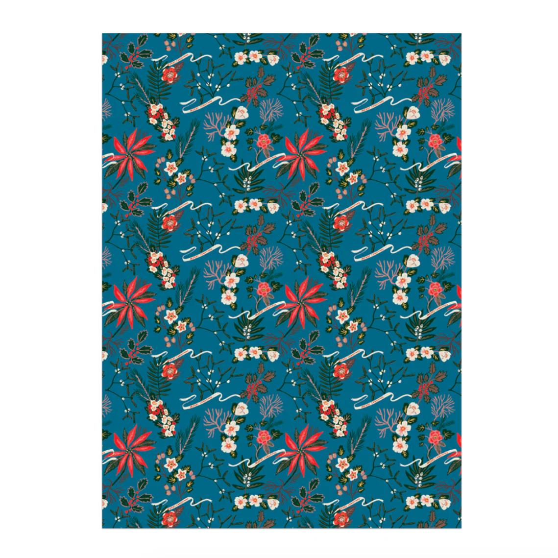 Blue Poinsettia Gift Wrap Roll -roll of 3 sheets - Image 2