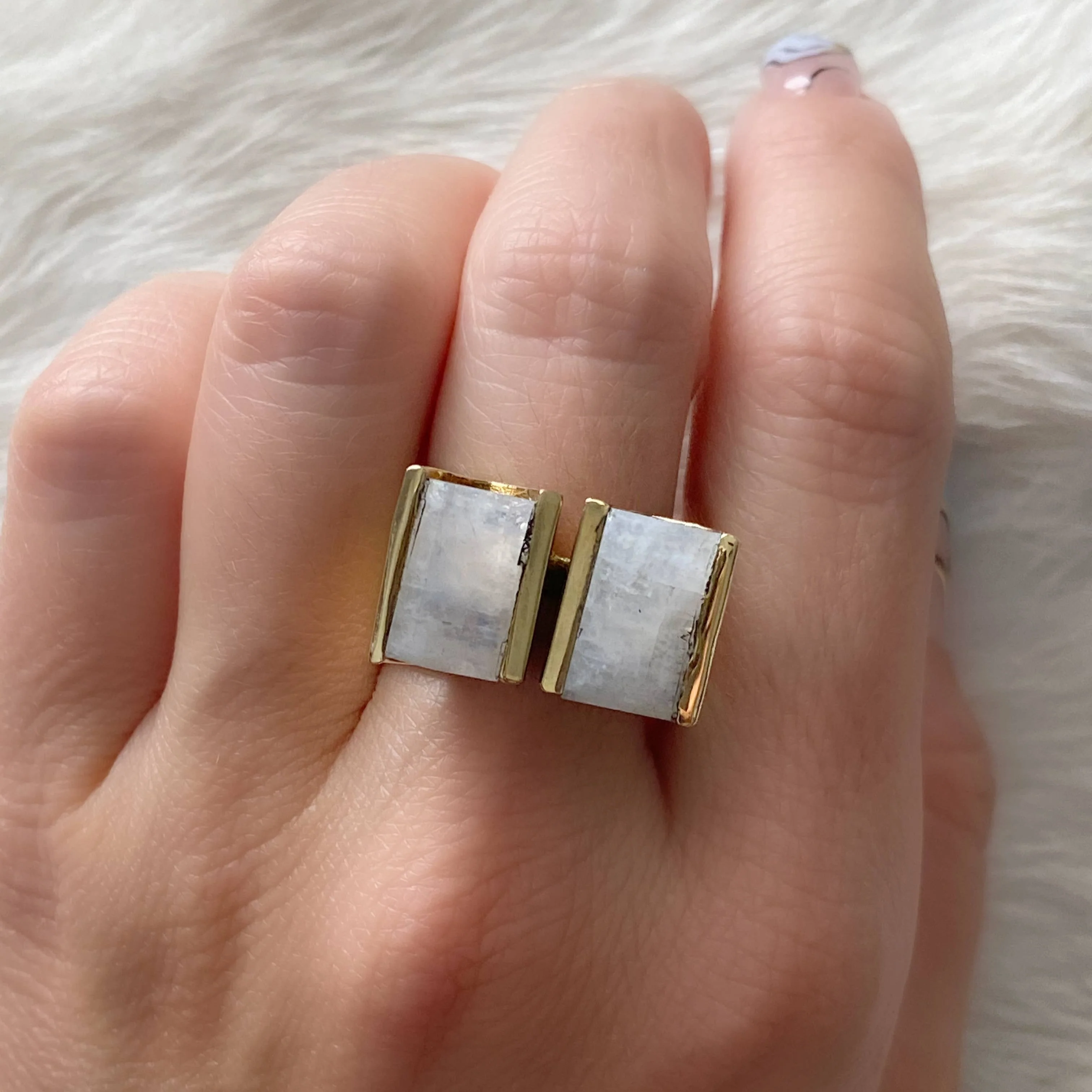Double Rectangle Cut Brass Ring with Moonstone - Image 2