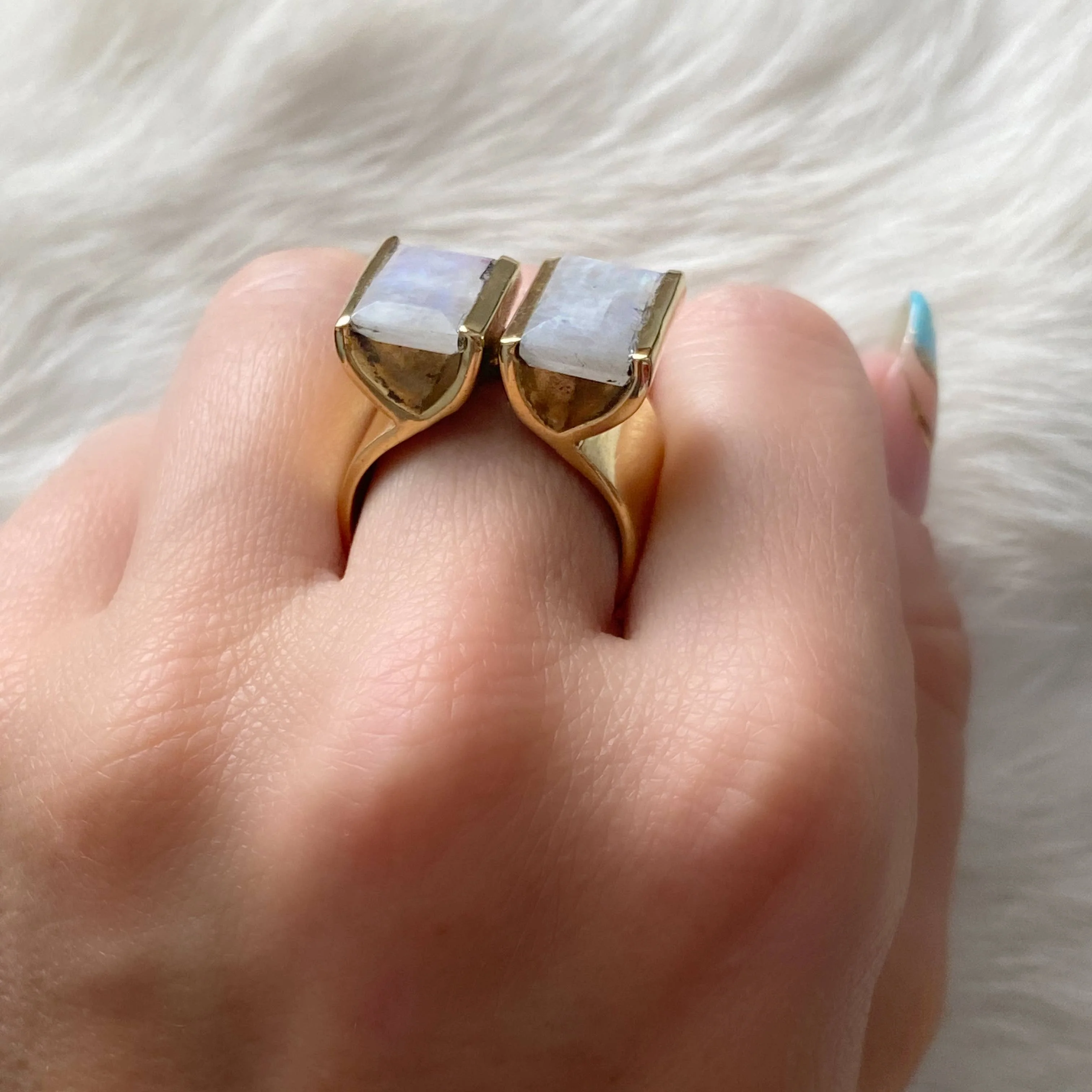 Double Rectangle Cut Brass Ring with Moonstone - Image 3