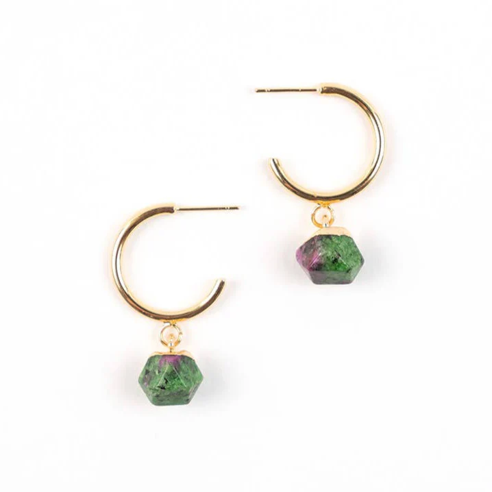 Faceted Stone Gold Hoop Earrings - Image 3