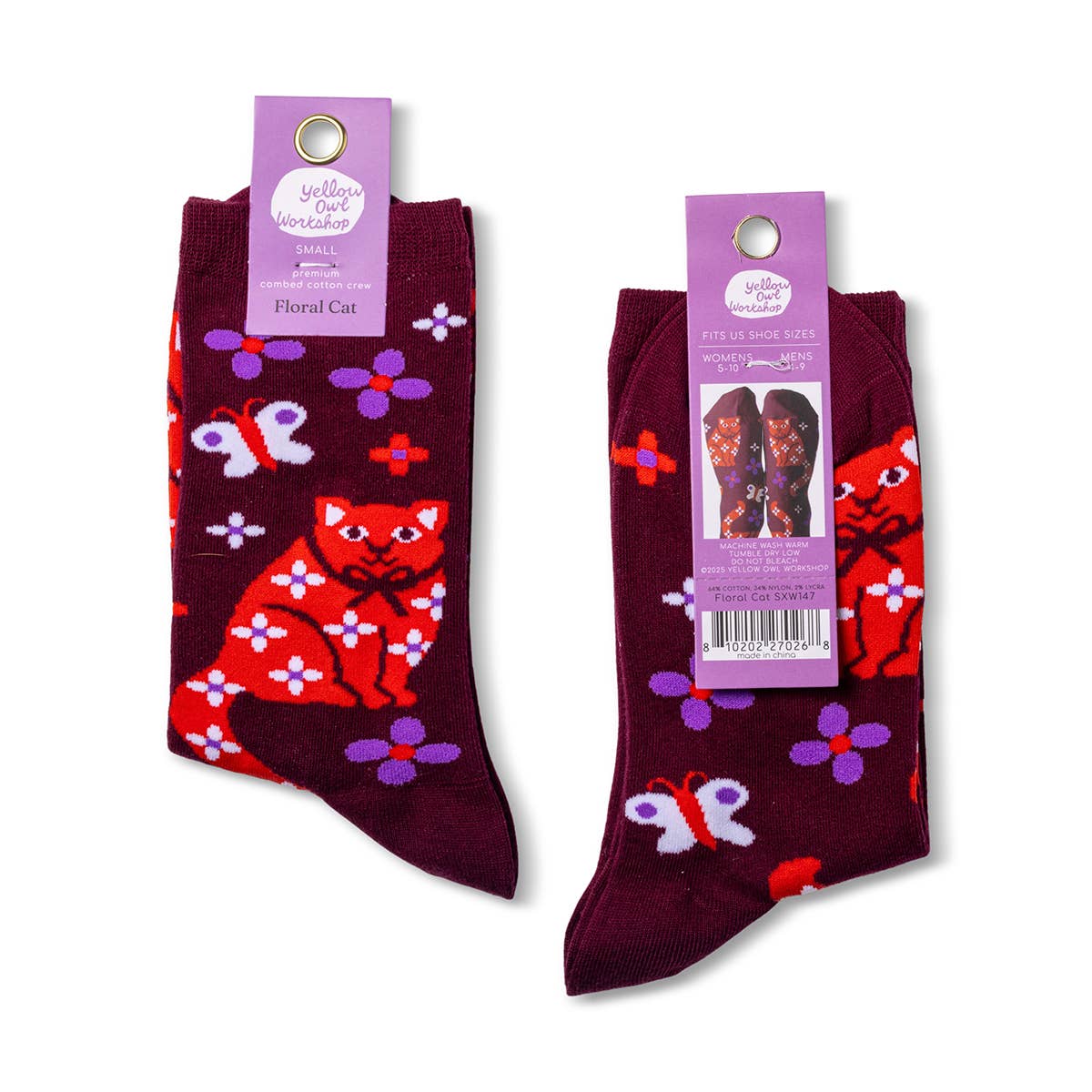 Floral Cat - Small Crew Socks - Image 2
