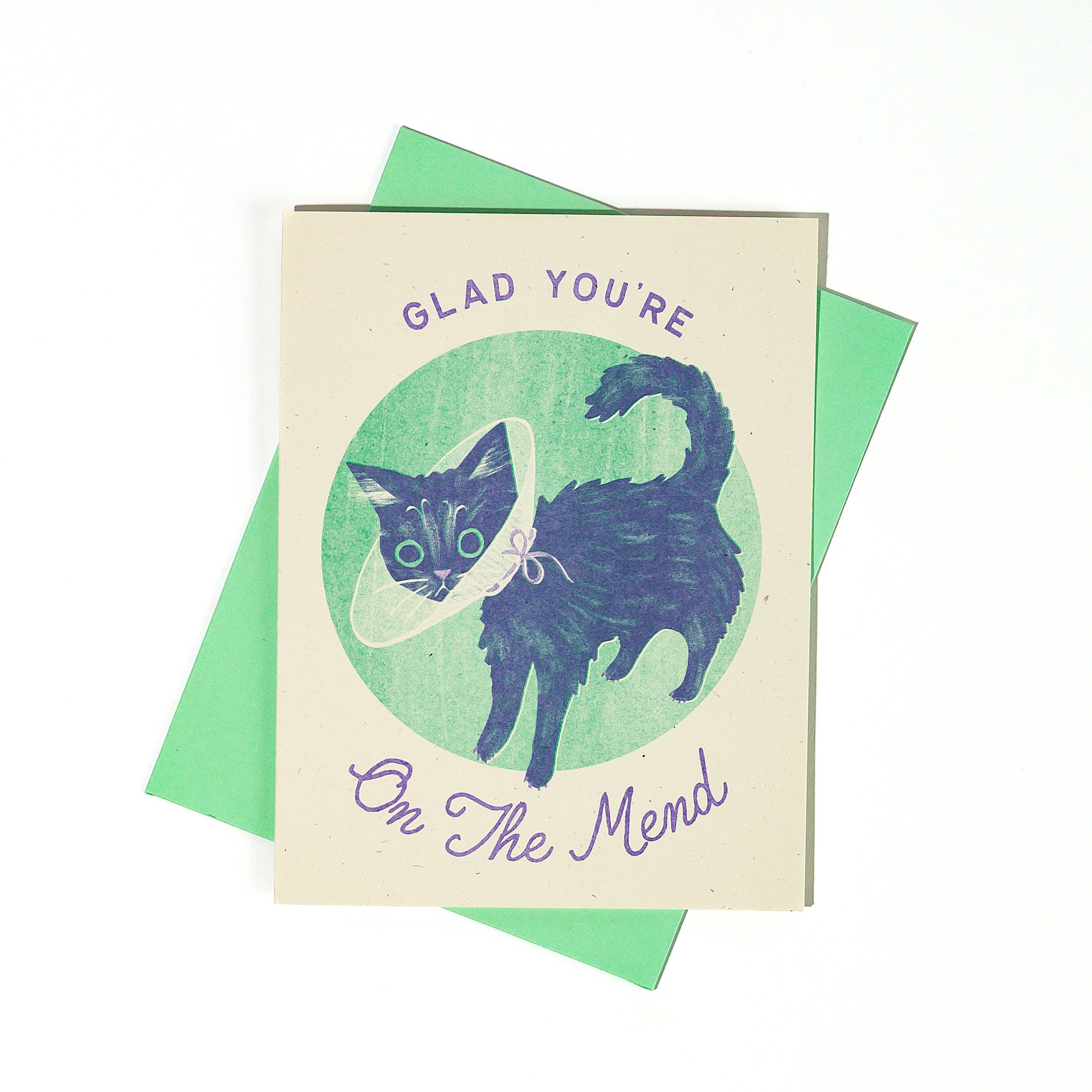 Glad You're On The Mend Cat - Risograph Get Well Card - Image 2