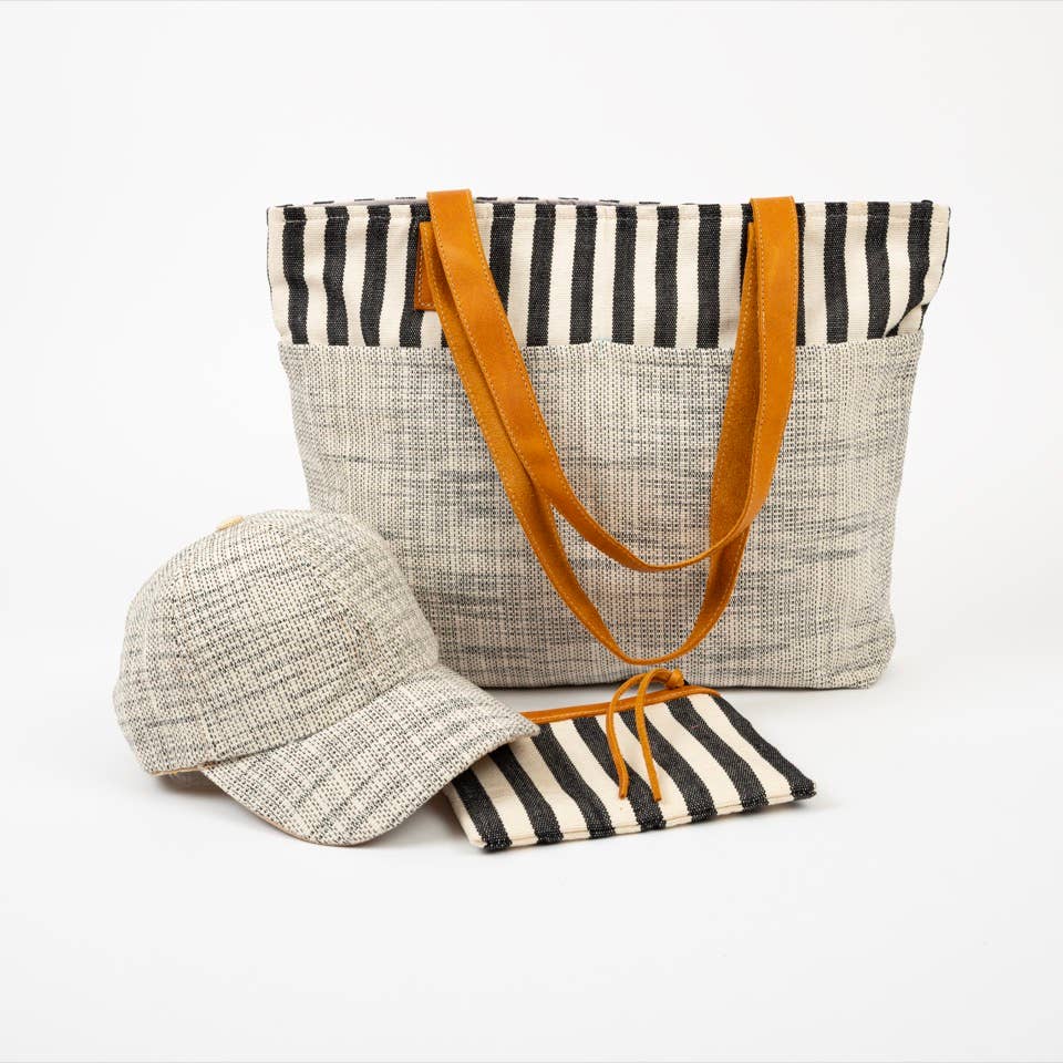 Handwoven Black & White Stripe Cosmetic Pouch - Image 2