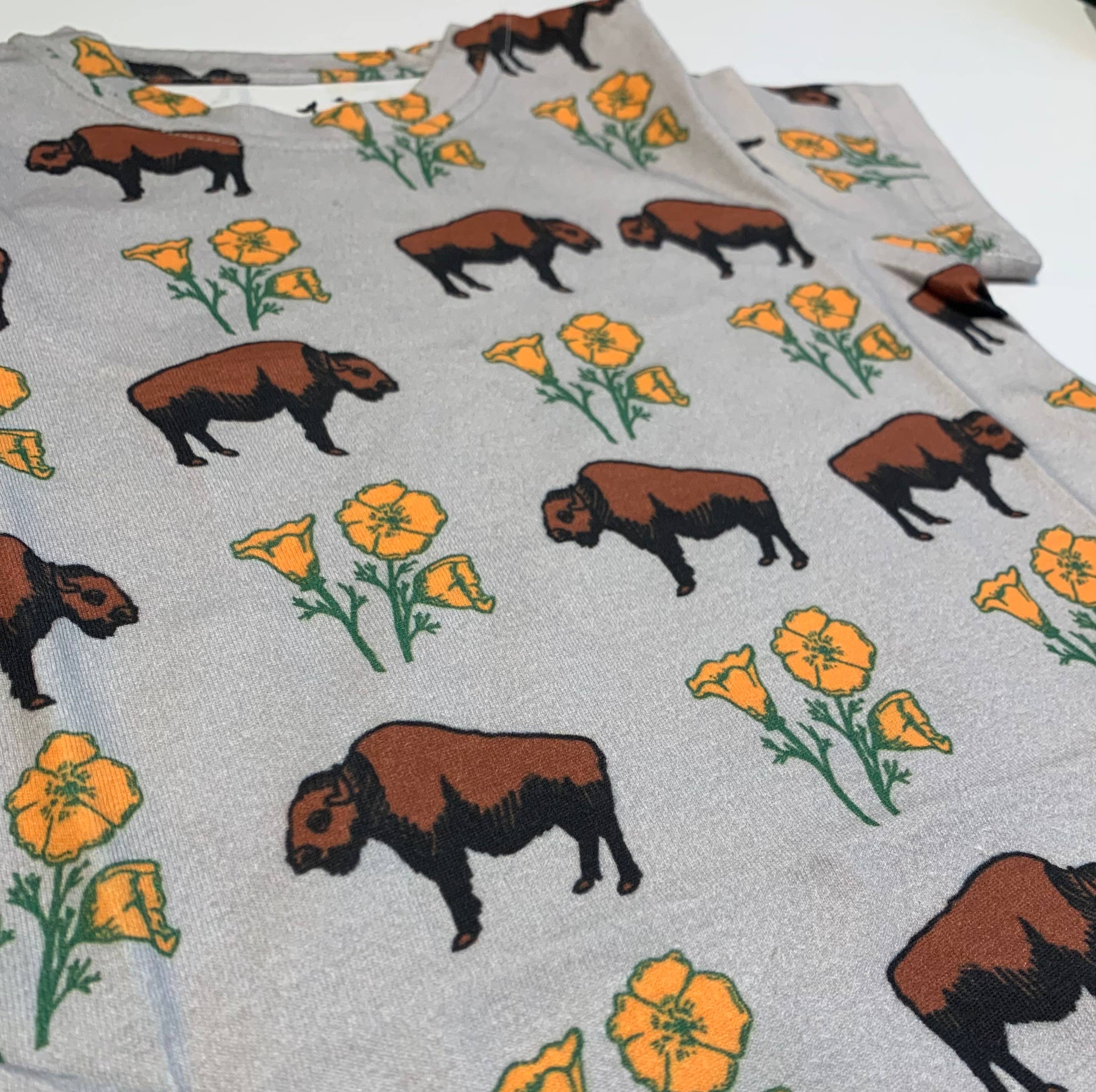 Kids Buffalo With Poppies Grey Cotton Tee - Image 2