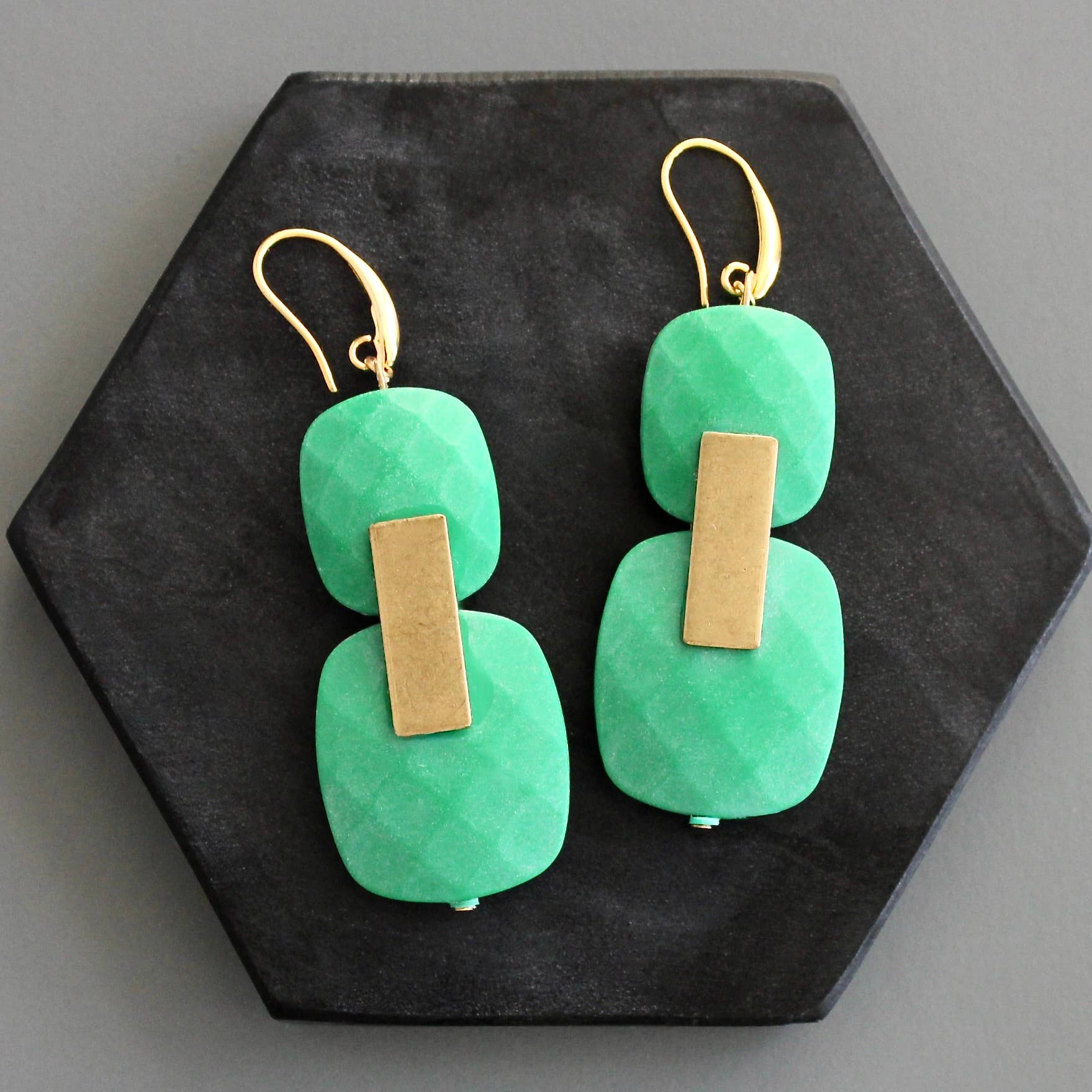 green geometric earrings