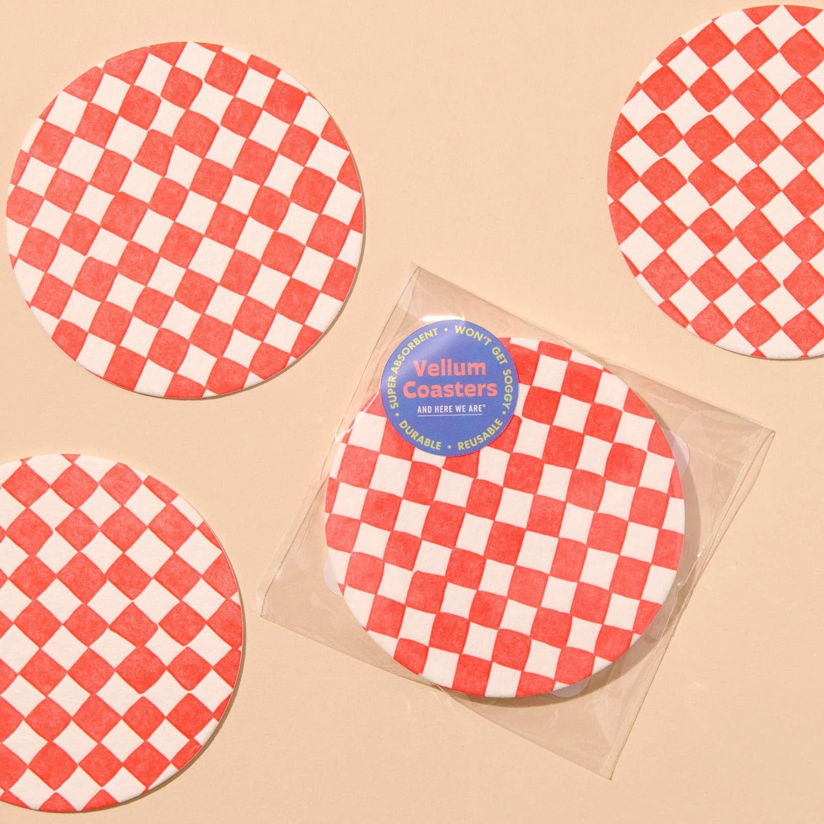 Letterpress Reusable Vellum Coasters—Checker Neon Red - Image 2
