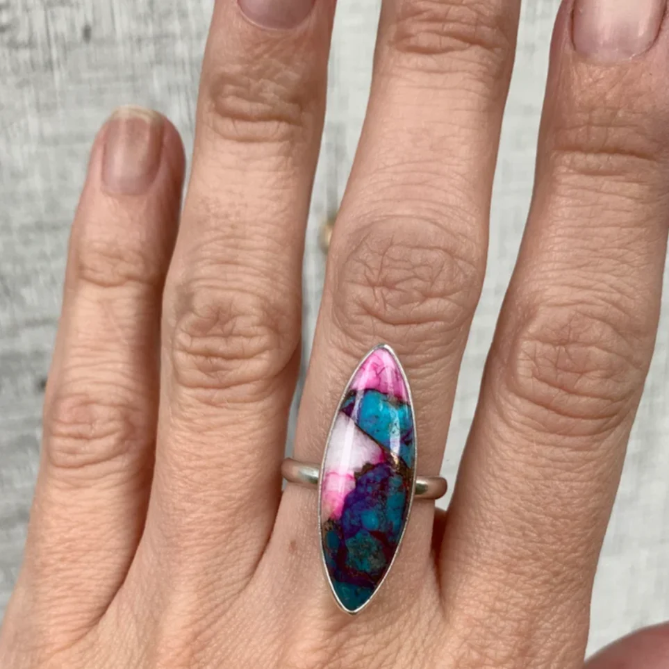 Marquise Dahlia Copper Turquoise Sterling Silver Ring - Image 2