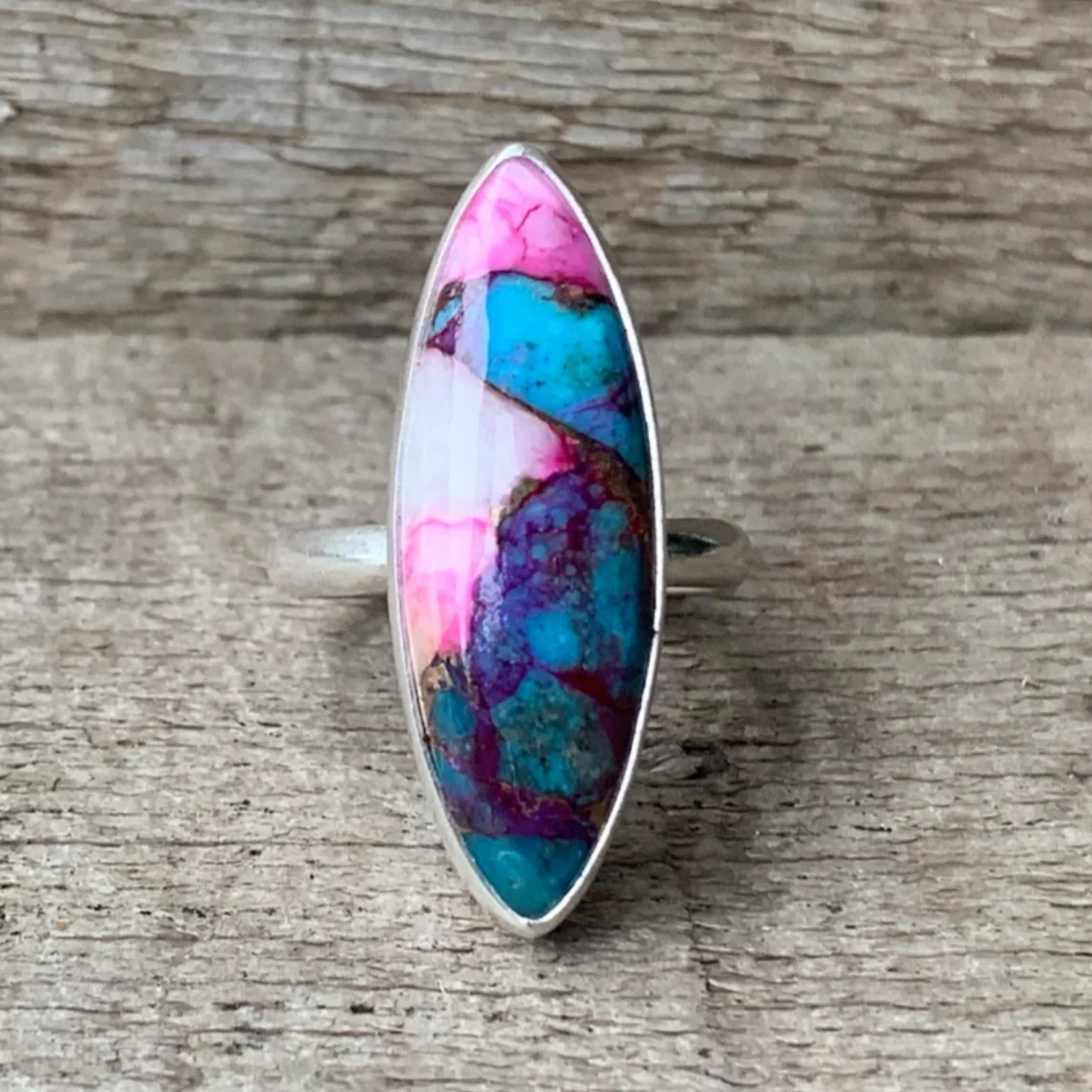 Marquise Dahlia Copper Turquoise Sterling Silver Ring - Image 3