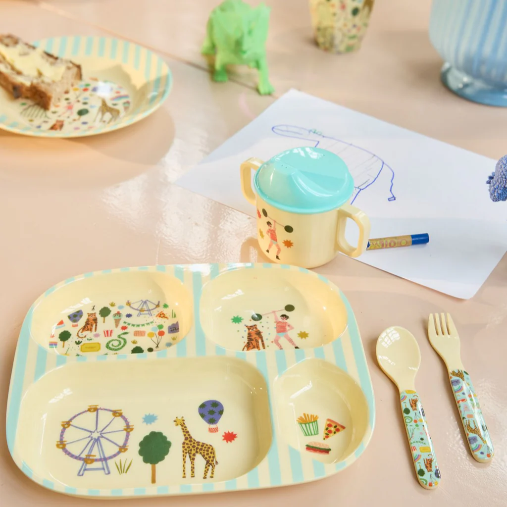Melamine Baby Dinner Set in Gift Box - Fun Fair Print - Mint - 4 pcs - Image 2