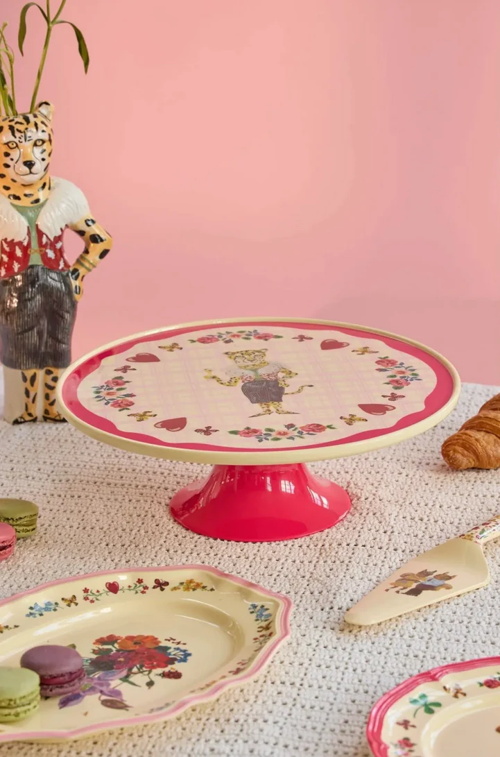 Melamine Cake Stand with Nathalie Lété Print - Low - Red Kiss Color - Image 2
