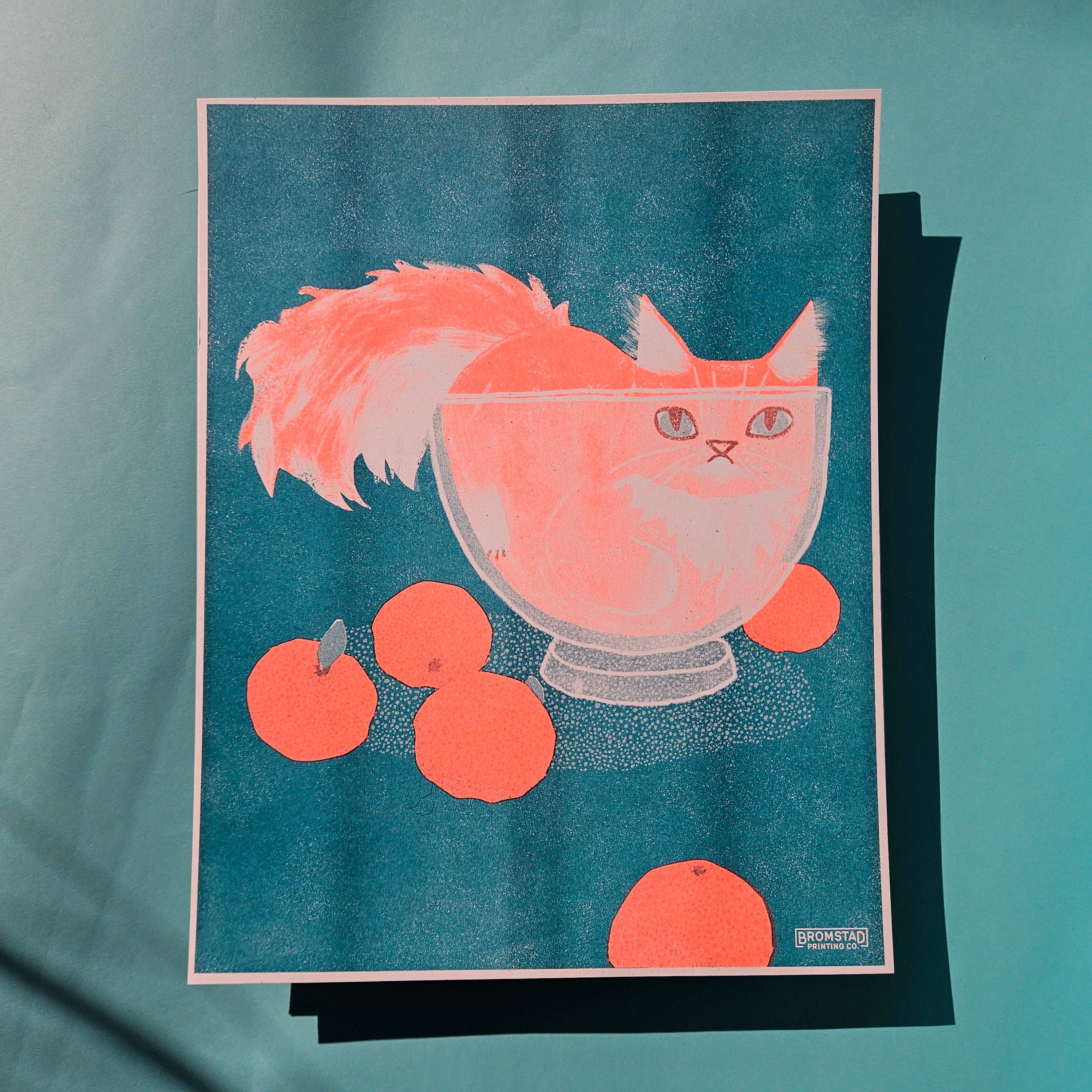 Orange Cat in a Bowl - Risograph Print - Image 2