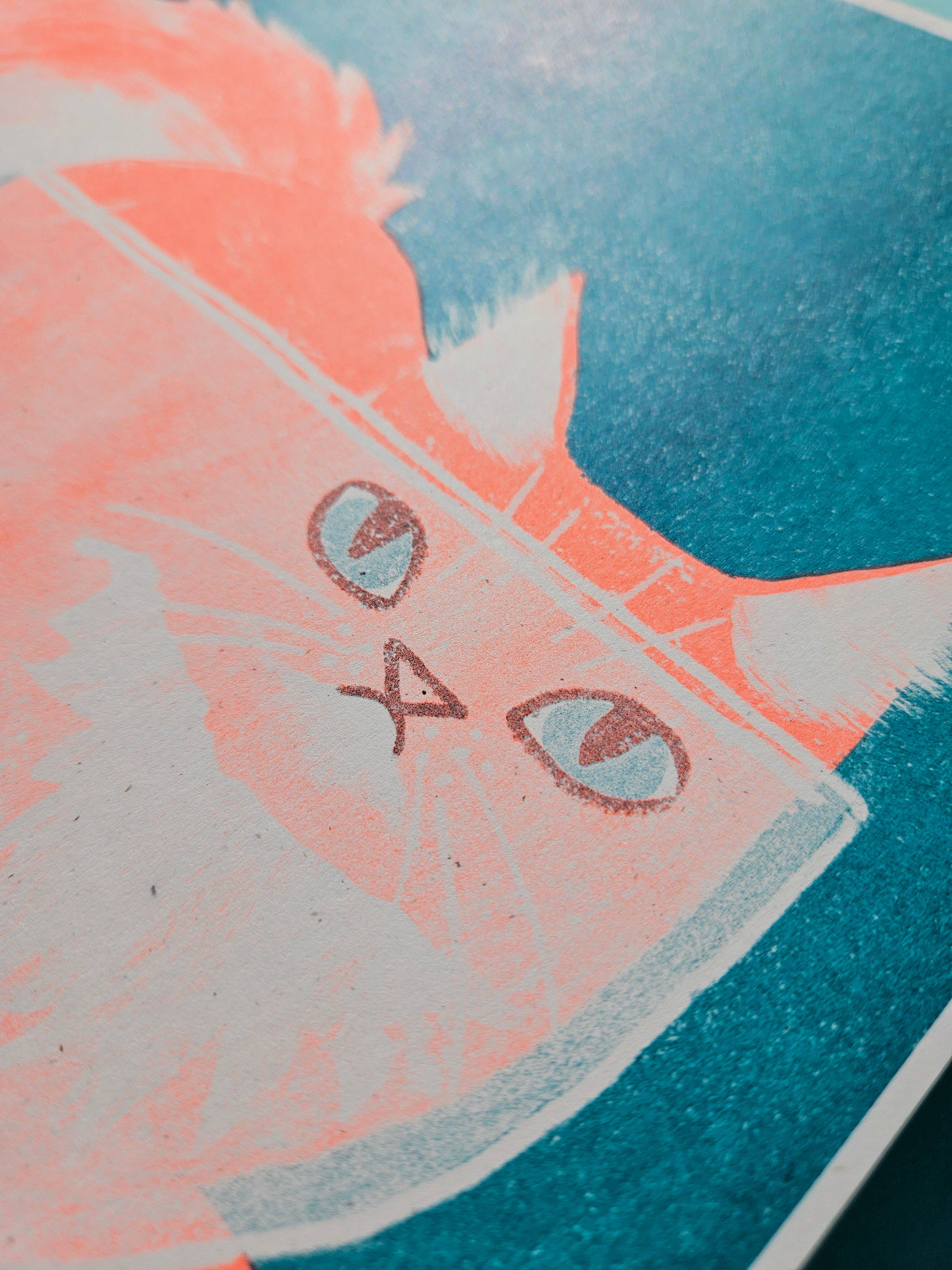 Orange Cat in a Bowl - Risograph Print - Image 3