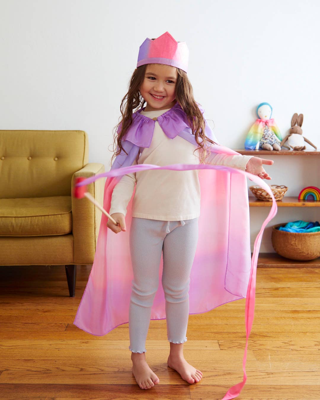 Pink & Purple Silk & Wood Streamer Heart Wand for Pretend Play - Image 3