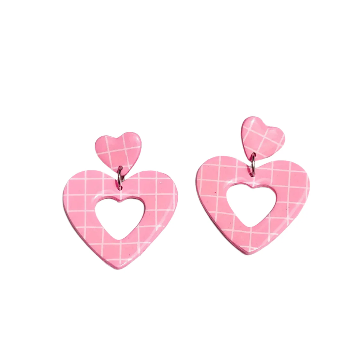 Heart Dangle Earrings in Pink and White Grid