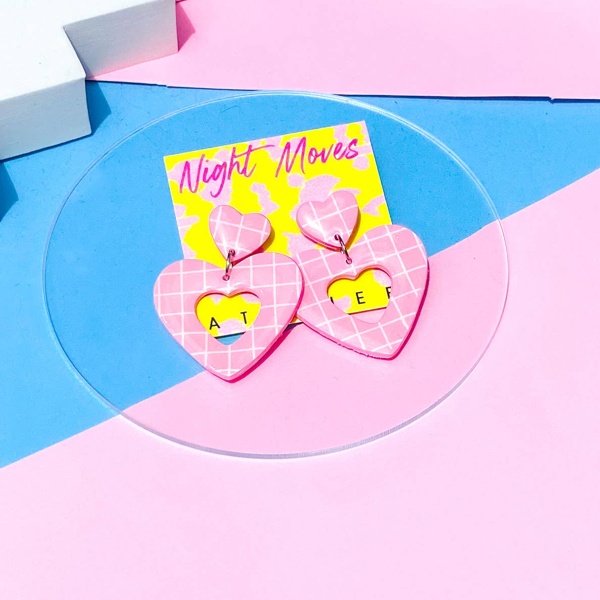 Heart Dangle Earrings in Pink and White Grid - Image 3