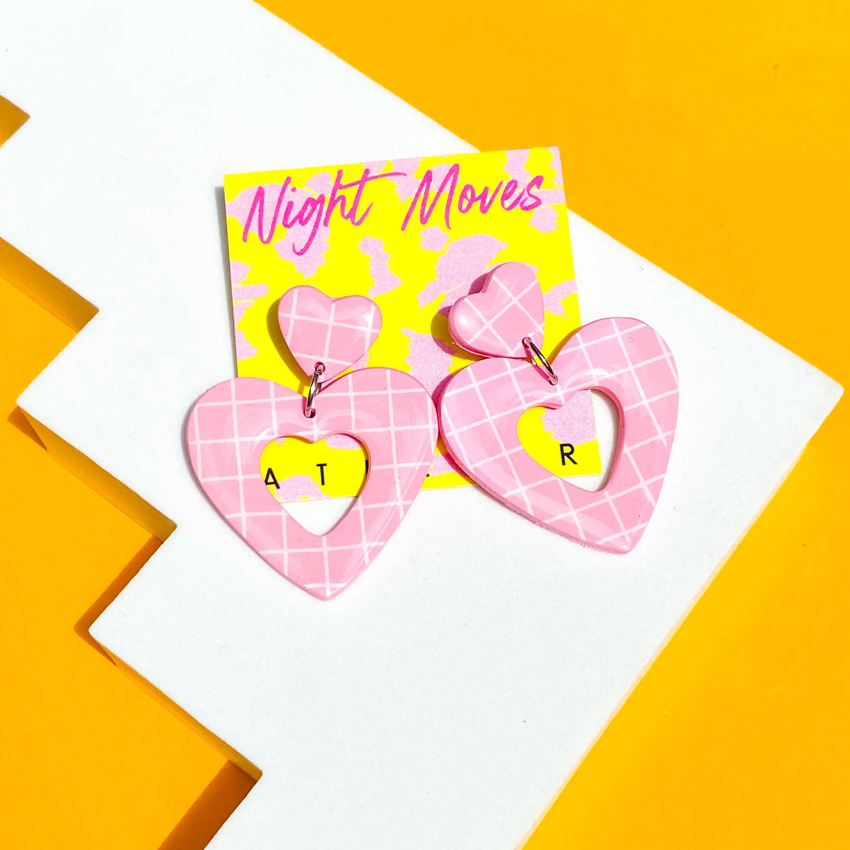 Heart Dangle Earrings in Pink and White Grid - Image 4