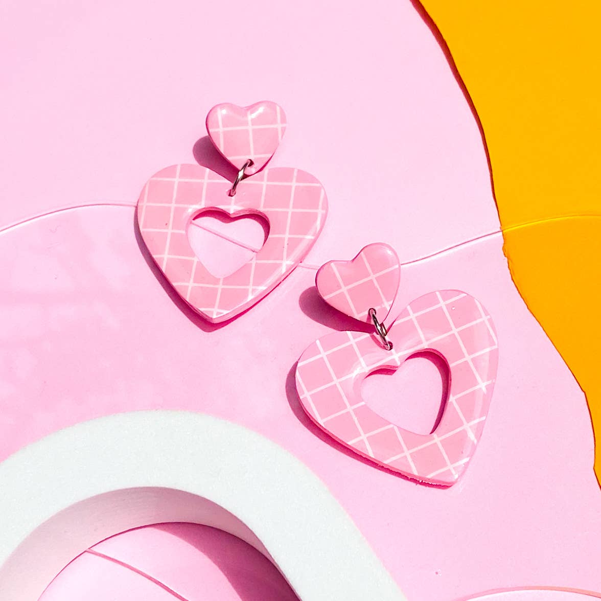 Heart Dangle Earrings in Pink and White Grid - Image 6