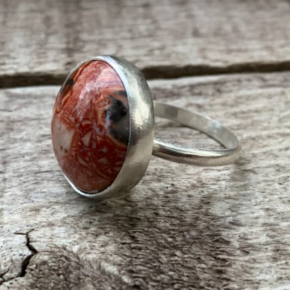 Round Leopard Skin Jasper Sterling Silver Ring