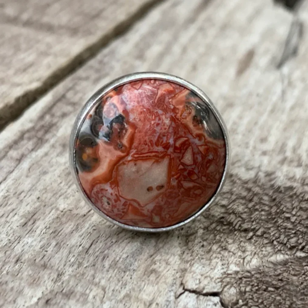 Round Leopard Skin Jasper Sterling Silver Ring - Image 3