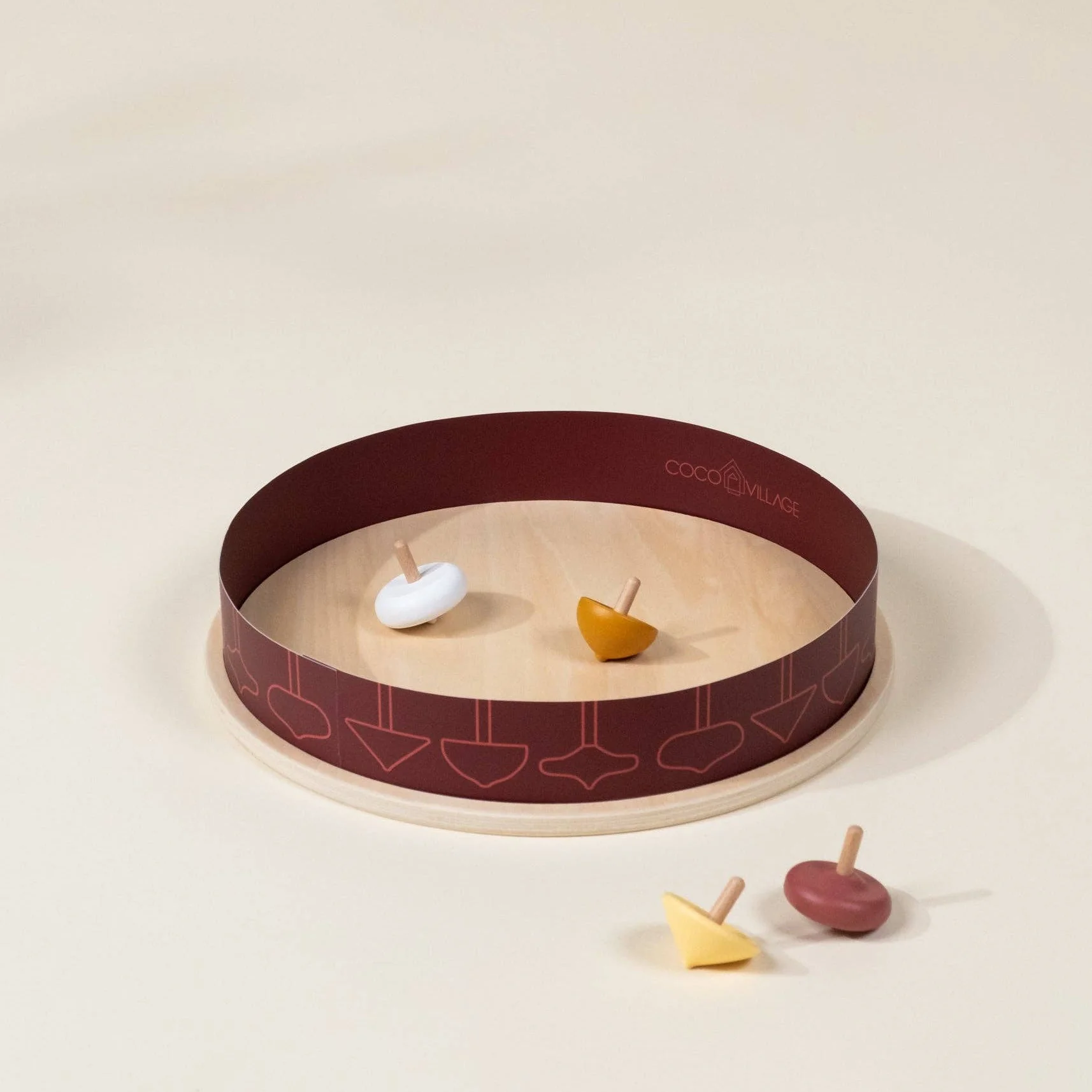 Set of 4 Wooden Spinning Tops with Arena