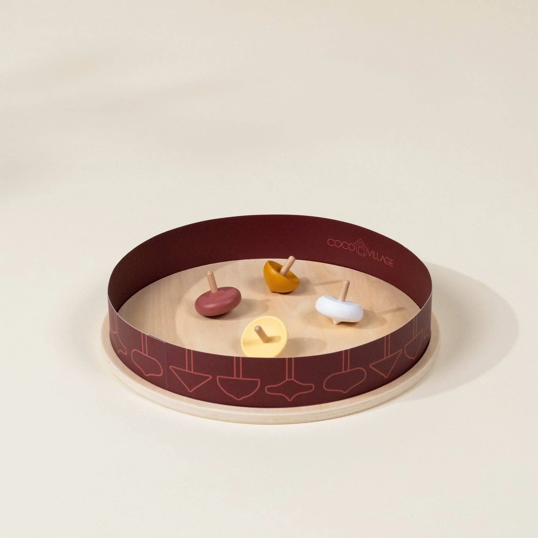 Set of 4 Wooden Spinning Tops with Arena - Image 2
