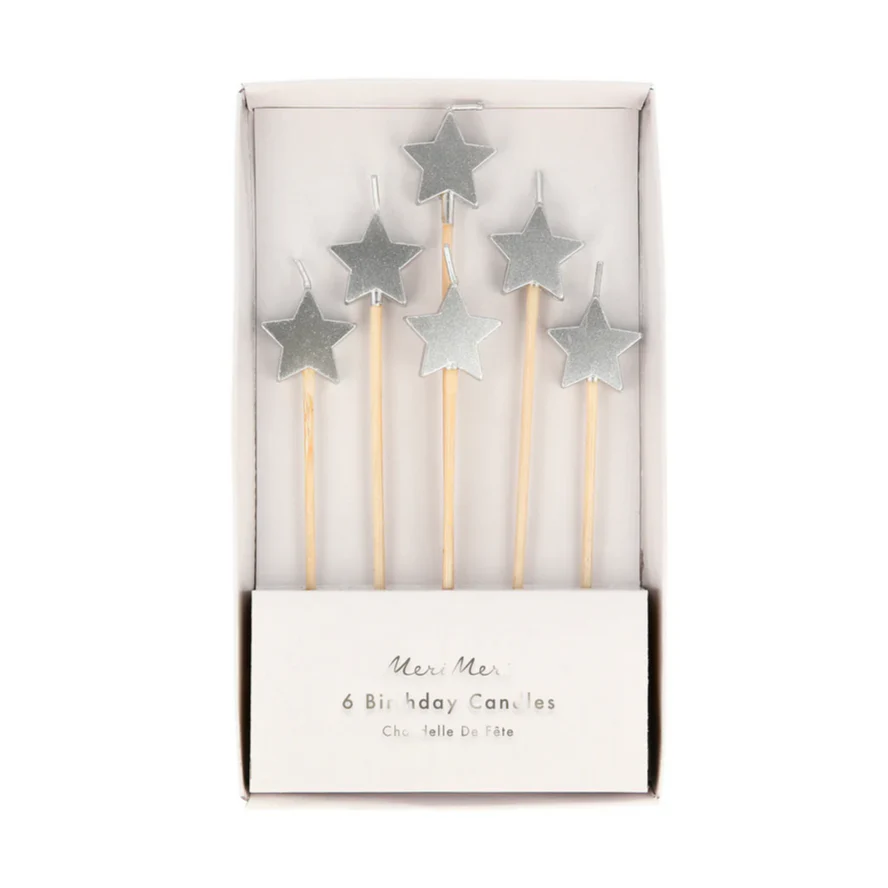 Silver Star Candles -pk6