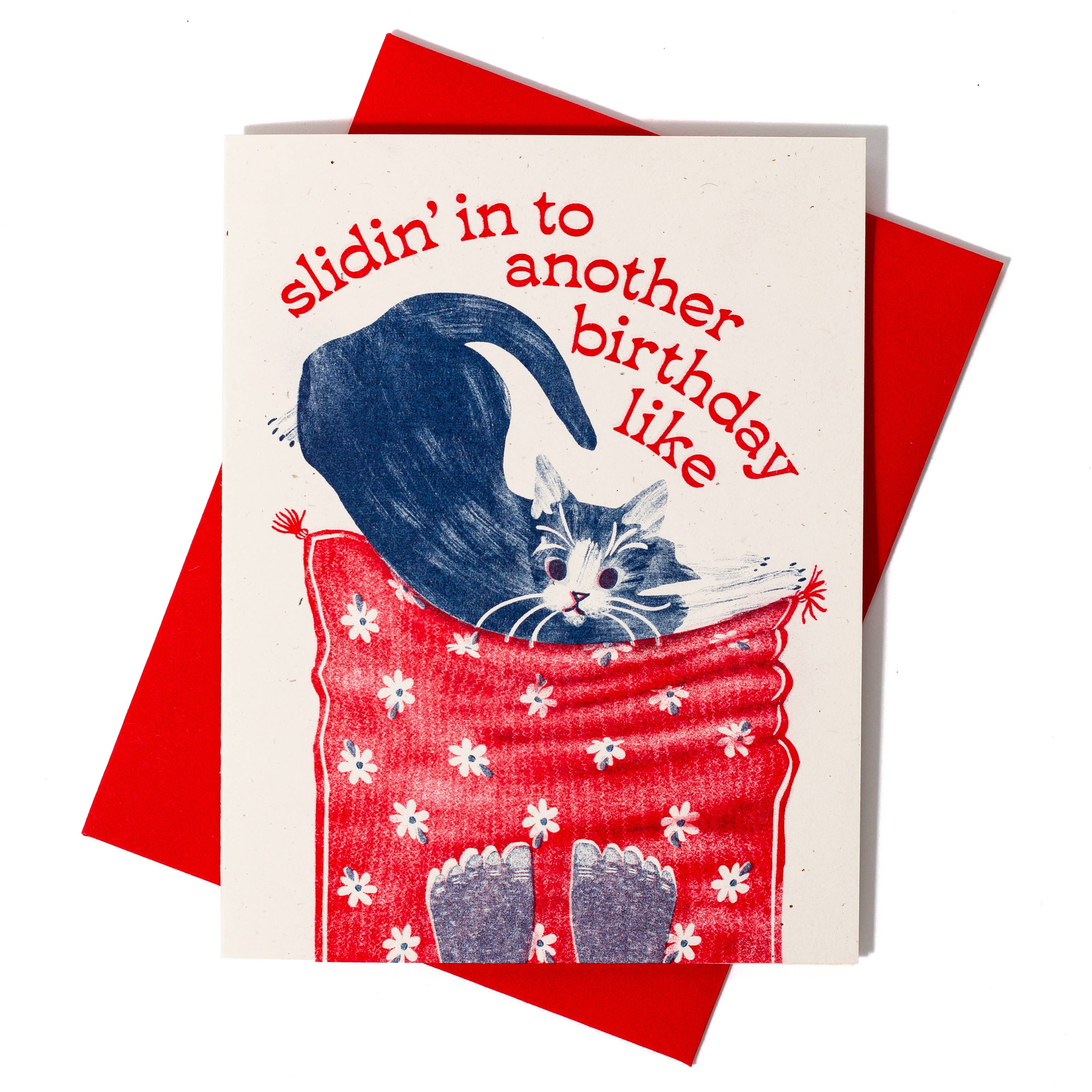 Slidin' In To Another Birthday Cat - Risograph Card - Image 2