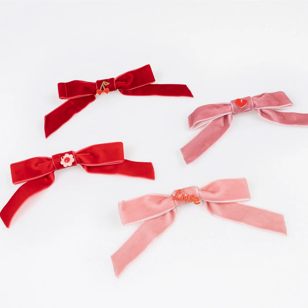 Velvet Bows With Heart & Love Charms Hair Clips (x4) - Image 2