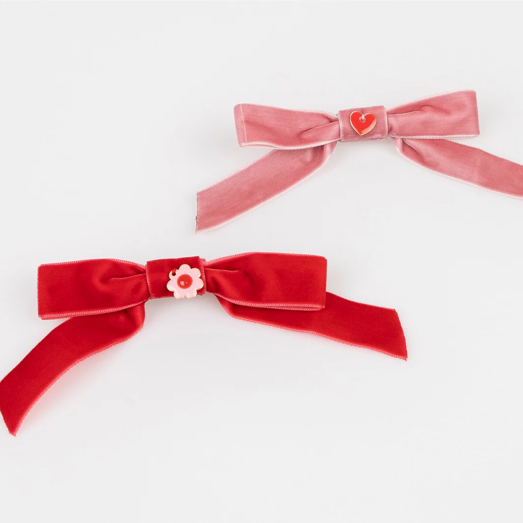 Velvet Bows With Heart & Love Charms Hair Clips (x4) - Image 3