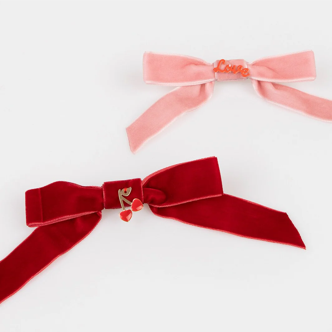 Velvet Bows With Heart & Love Charms Hair Clips (x4) - Image 4