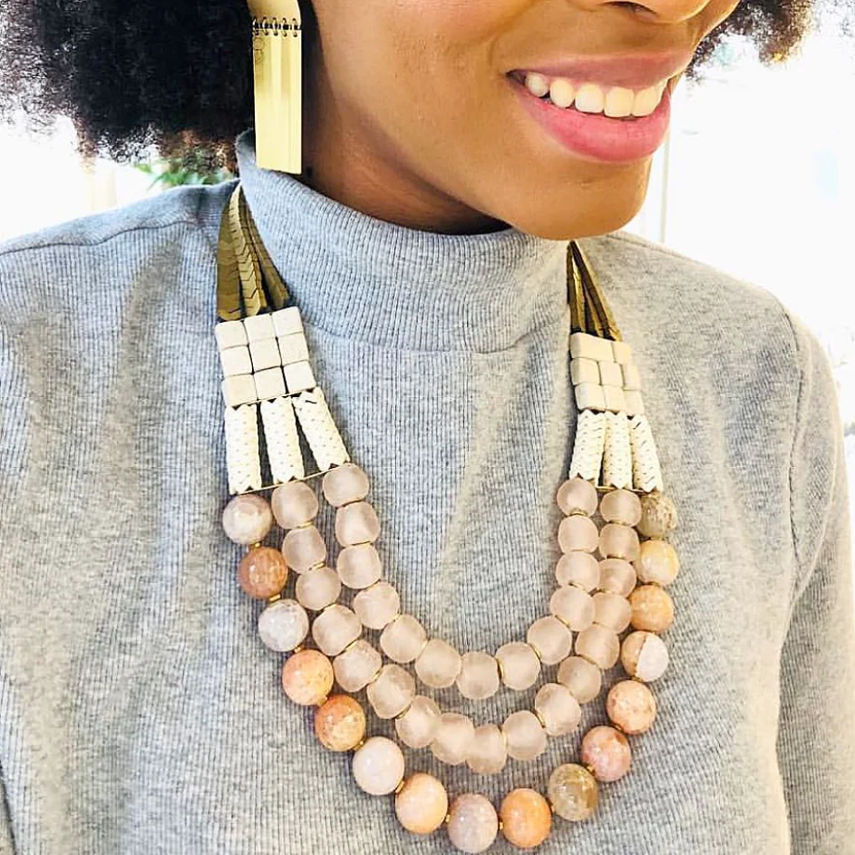 Triple strand African glass & hematite necklace